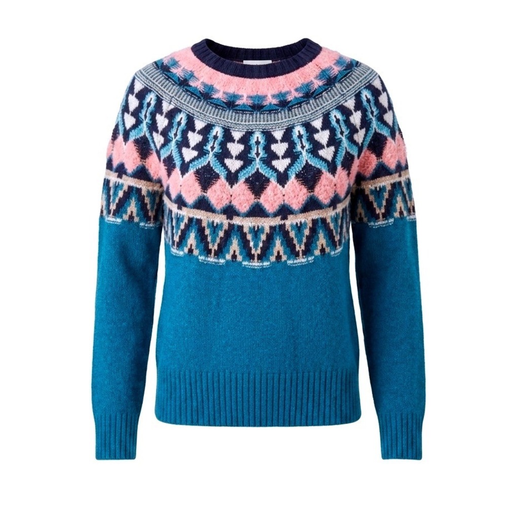 Sundance Women's XS Teal Pink Fair Isle Cotton Wool Blend Knit Sweater Boho Cozy